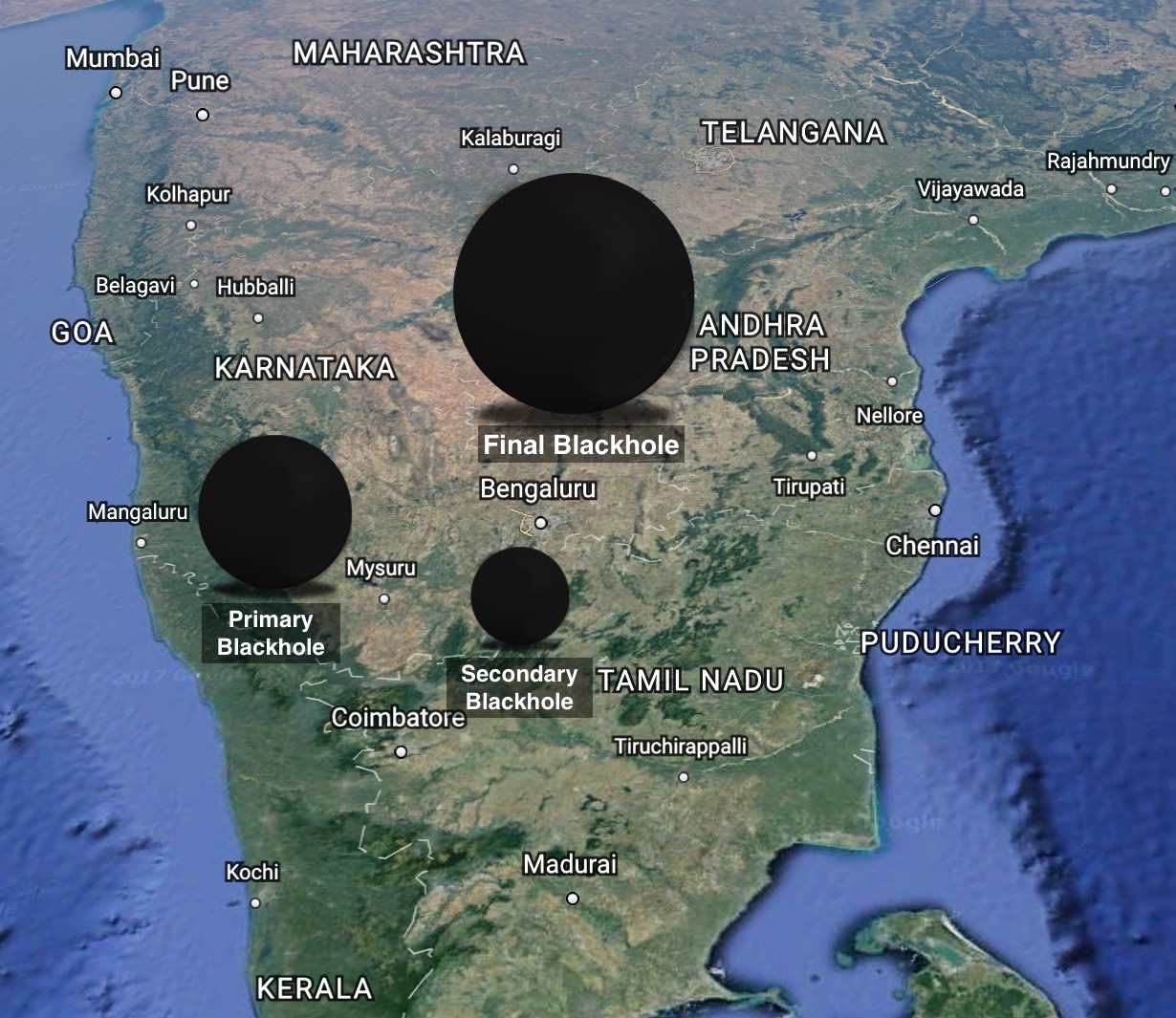 Sizes of the black holes compared to the size of India